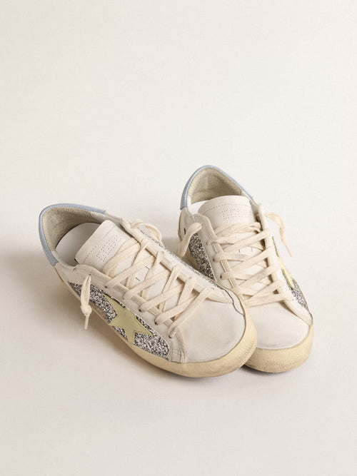 GOLDEN GOOSE Bio - based Super - Star with silver glitter and yellow leather star | 黃金鵝 Bio - based Super - Star 搭配銀色亮片與黃色皮革星星(白色) - LondonKelly 英國名牌代購