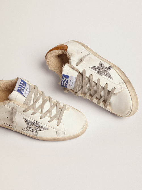 GOLDEN GOOSE Women's Super - Star with shearling lining and silver glitter star | 黃金鵝 女款 Super - Star 內裡羊毛款,搭配銀色亮片星星(白色) - LondonKelly 英國名牌代購