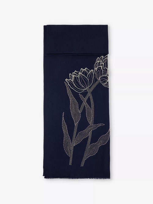 JANAVI INDIA Floral Rhinestone - Embellished Wool Scarf | 頸巾 (深藍色) - LondonKelly 英國名牌代購